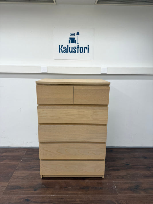 Ikea MALM Lipasto, 6 laatikkoa, vaaleaksi petsattu tammiviilu, 80x123 cm Kalustori