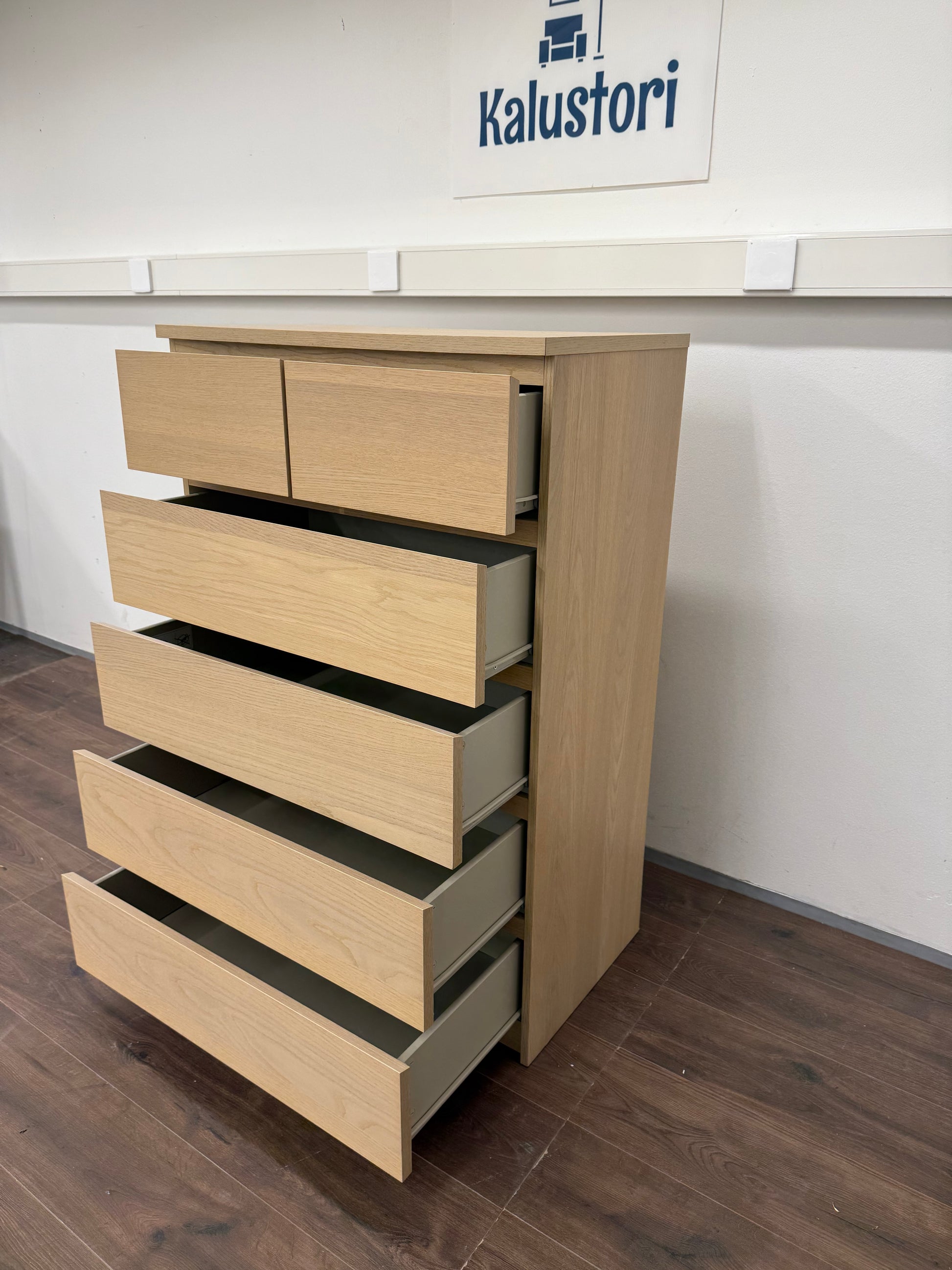 Ikea MALM Lipasto, 6 laatikkoa, vaaleaksi petsattu tammiviilu, 80x123 cm Kalustori